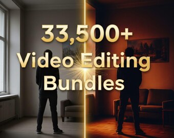 Puede incluir: Imagen promocionando paquetes de edición de vídeo. El texto "33.500+ Video Editing Bundles" se muestra en letras doradas. La imagen está dividida en dos mitades, un lado iluminado por luz natural y el otro por luz artificial cálida.