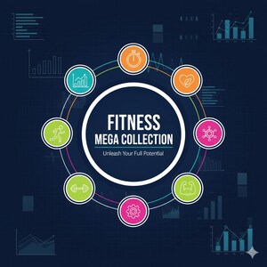Peut inclure: Conception graphique avec le texte "FITNESS MEGA COLLECTION" et le slogan "Unleash Your Full Potential". La conception présente des icônes circulaires représentant des concepts de fitness, comme un chronomètre, un cœur et un haltère, sur fond bleu foncé avec des graphiques.