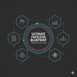 May include: A graphic with the text "ULTIMATE FACELESS BLUEPRINT" in white and teal, surrounded by teal and pink concentric circles. Hexagons with line art icons of a brain, magnifying glass, chart, and target are connected by dotted lines.