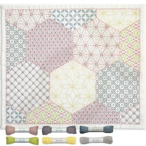 Op de afbeelding: Een witte vierkante textiel met een patchworkontwerp van verschillende geometrische patronen in pastelkleuren. Het ontwerp is gemaakt met gestikte lijnen. Hieronder staan ​​verschillende spoelen garen in bijpassende kleuren.