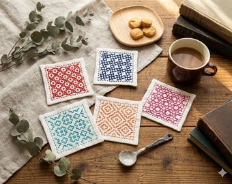 Japanese Sashiko Coaster Kit - 5 Geometric Patterns - DIY Embroidery Starter Set for Beginners