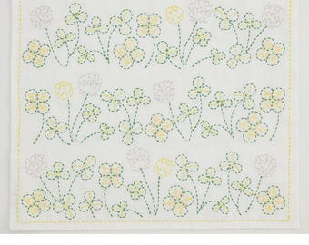 Sashiko Set Clover Garden - White Clover and Greenery - 4 Color Botanical Embroidery - Japanese Cotton Fabric