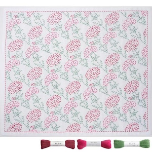 Beginner Sashiko Kit - Pink & Red Carnations / Mother's Day Craft Gift / Japanese Floral Embroidery / DIY Dishcloth Set