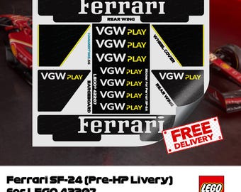Pode incluir: Um conjunto de adesivos pretos e amarelos para um carro de corrida LEGO Ferrari SF-24. Os adesivos apresentam o logotipo da Ferrari e o texto "VGW PLAY".
