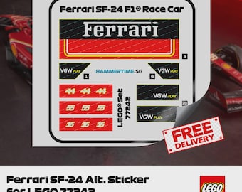 Pode incluir: Uma folha de autocolantes para um carro de corrida Ferrari SF-24 F1. Os autocolantes incluem o logótipo da Ferrari, os números de corrida e o texto "HAMMERTIME.SG". O logótipo LEGO e o número do conjunto 77242 também são visíveis.