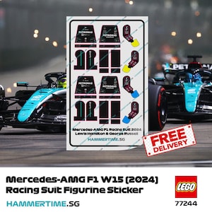 Może przedstawiać: Zestaw naklejek LEGO do figurek przedstawiających kombinezon wyścigowy Mercedes-AMG F1 z 2024 roku. Naklejki są czarne, białe i zielone z logo Petronas. Naklejki są dla Lewisa Hamiltona i George'a Russella. Tekst "Mercedes-AMG F1 Racing Suit 2024 Lewis Hamilton & George Russell HAMMERTIME.SG" jest nadrukowany na arkuszu naklejek. Tekst "FREE DELIVERY" jest nadrukowany na osobnej naklejce.