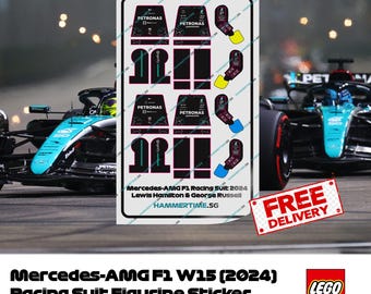 Pode incluir: Um conjunto de adesivos de figurinhas LEGO que representam o macacão de corrida Mercedes-AMG F1 2024. Os adesivos são pretos, brancos e verdes com o logotipo da Petronas. Os adesivos são para Lewis Hamilton e George Russell. O texto "Mercedes-AMG F1 Racing Suit 2024 Lewis Hamilton & George Russell HAMMERTIME.SG" está impresso na folha de adesivos. O texto "FREE DELIVERY" está impresso em um adesivo separado.