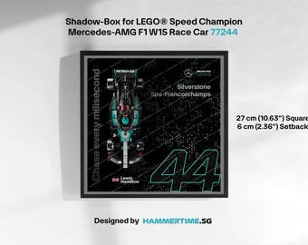 May include: A framed shadow box for a LEGO Speed Champion Mercedes-AMG F1 W15 race car. The black frame surrounds a black background with a teal and white race car, the number 44, and text. The box is 10.63 inches square with a 2.36-inch setback.