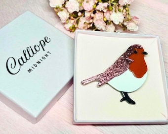 Acrylic Christmas Robin brooch. Boxed brooch.