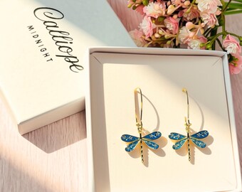 Enamel style dragonfly earrings. Deep turquoise and golden long loop earrings.
