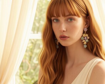 Stunning floral chandelier earrings. Cascading flower bouquet pastel earrings.