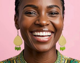 Oversize green and gold earrings. Glamourous handmade earrings by Calliope Midnight. Event Collection 2026.