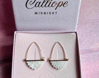 Ivory white pearlescent art deco fan earrings.