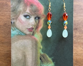Taylor Showgirl inspired earrings. Choice of 3 earring card designs; Birth-tay, Swift-mas and green art.