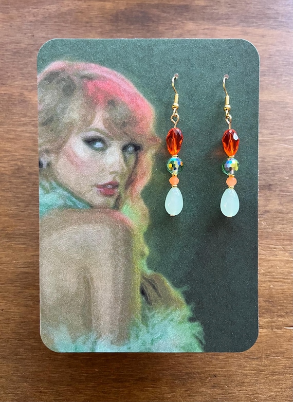 Taylor Showgirl inspired earrings. Choice of 3 earring card designs; Birth-tay, Swift-mas and green art.