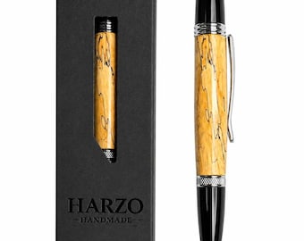 Pluma estilográfica de arce veteado con estuche de caoba y álamo temblón – Instrumento de escritura artesanal HARZO