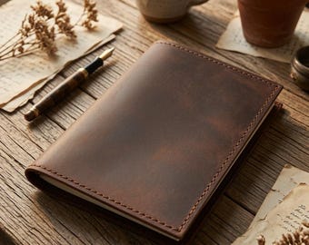 Dark Brown Leather Journal Cover with Green Accents | 3.5 x 5.5 Notebook Holder