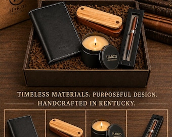 Set de regalo de cuero artesanal: diario, bolígrafo, vela y llavero – Hecho en Kentucky