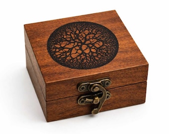Caja de recuerdo de madera de cerezo grabada – Diseño del Árbol de la Vida, cierre de latón antiguo, regalo de joyería