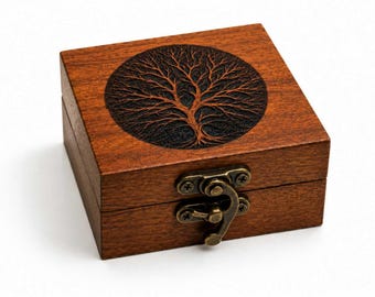 Caja de madera grabada para anillos – Diseño del Árbol de la Vida, recuerdo rústico para propuesta de matrimonio (7,6 x 7,6 cm)