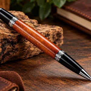 May include: A ballpoint pen featuring a polished reddish-brown wood barrel, glossy black end caps, and silver-toned metal accents with a textured knurled pattern near the center rings. The pen has a tapered tip and a smooth, rounded top finish.