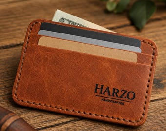Brown Full Grain Leather Card Wallet | Minimalist Front Pocket, Personalized Engraving