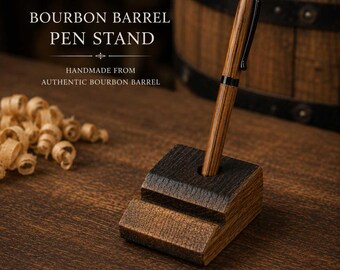 Juego de bolígrafo y soporte de barril de bourbon / Auténtico portalápices de escritorio de roble blanco