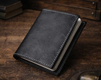 Cartera para cuaderno Field Notes de cuero negro – Funda para cuaderno hecha a mano de 4,25 × 6,25 pulgadas con separadores.