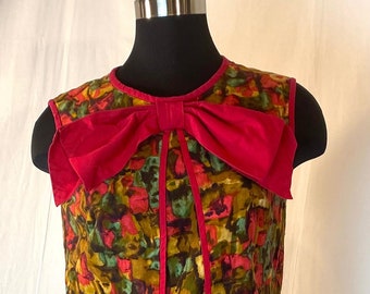 1960’s Lee Holliday Fashions red, olive, and mustard sleeveless dress with bow