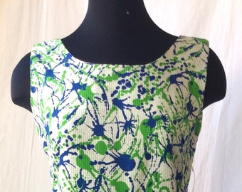 1960’s Boutique of California white, blue, and lime green splatter print cotton sleeveless dress