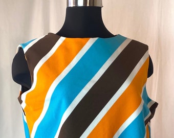 1970s orange, aqua, brown and white striped poly sleeveless top