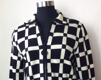 1990s Michael Simon New York black and cream windowpane plaid zip-up cardigan sweater/jacket