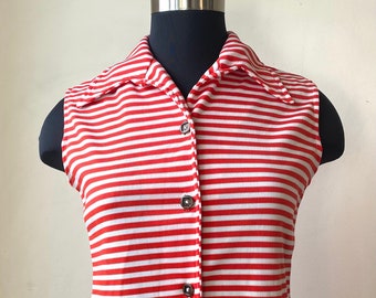 1970s red-orange and white striped poly sleeveless blouse