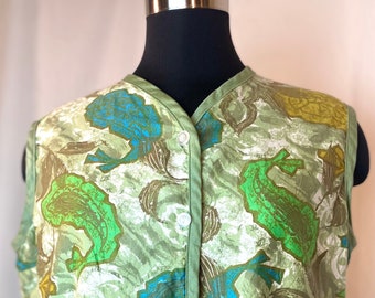 1960’s  plus size  sage green, gold and blue paisley print cropped sleeveless button up top/vest