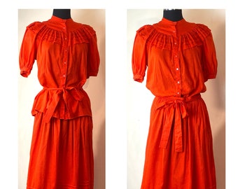 1980s Liz Claiborne Mexicanesque red-orange linen/cotton 2-pc blouse & skirt set