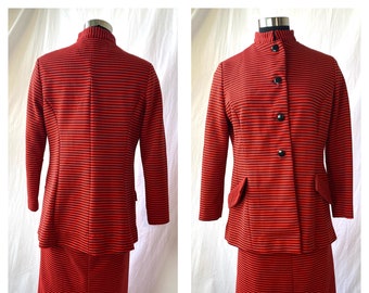 1960s red-orange stripe poly mod jacket and skirt/suit set