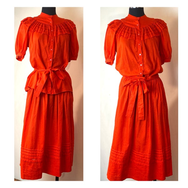 1980s Liz Claiborne Mexicanesque red-orange linen/cotton 2-pc blouse & skirt set