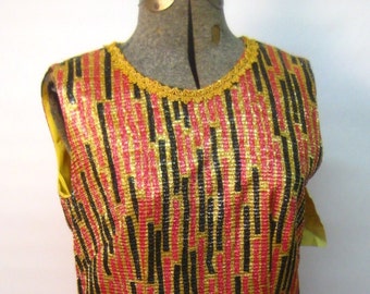 1960s red and gold metallic striped and floral plus size maxi dress