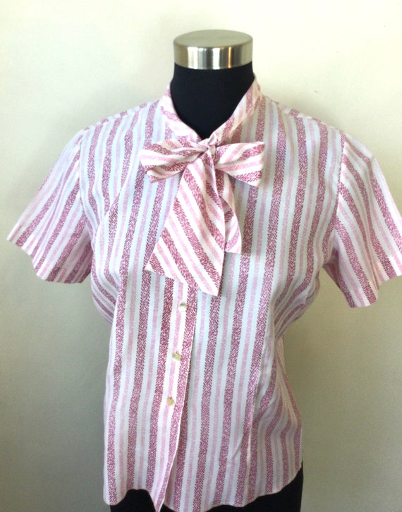 1960s Judy Bond white and burgundy short-sleeved … - image 1