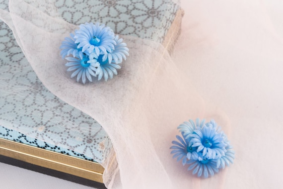 1950s light blue soft plastic flower earrings - image 1
