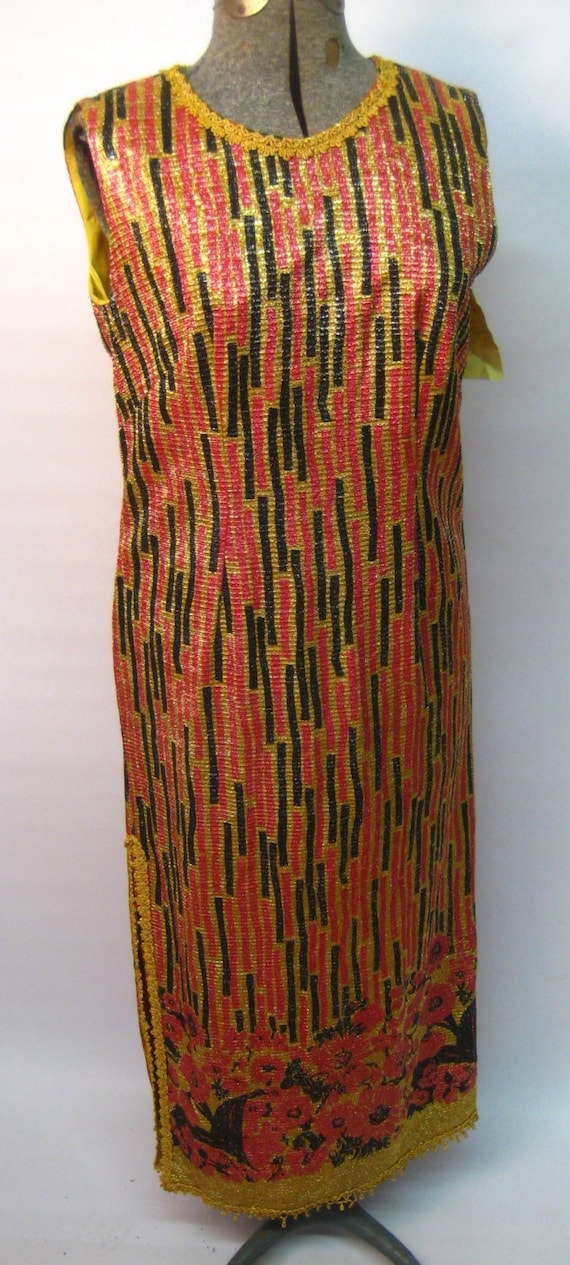 1960s red and gold metallic striped and floral pl… - image 1