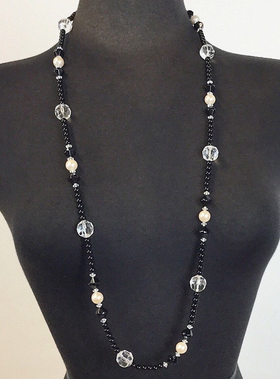 Avon black, crystal and faux pearl bead necklace