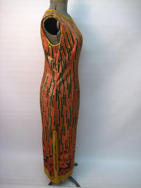 1960s red and gold metallic striped and floral pl… - image 3