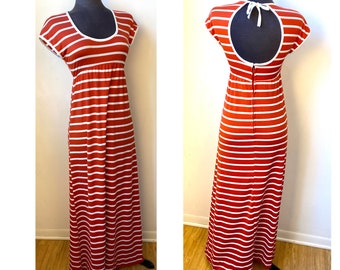 1970s Shawn Originals burnt orange & cream striped poly maxidress