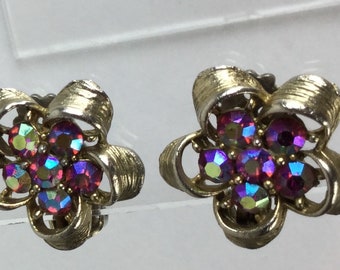 Goldtone and red AB rhinestone flower clip-on earrings