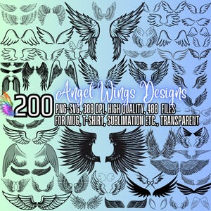 200 Angel Wings Silhouette, PNG SVG Bundle File, Wings Collection, Angel Wings Clipart for Cricut, Graphics, Laser Cut, png SVG Vector