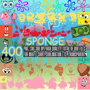400 fichiers éponge dessin animé PNG SVG, collection de dessins animés, éponge des cliparts dessin animé pour Cricut, silhouette graphique, découpé au laser png vecteur SVG