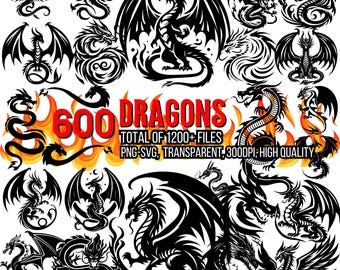 600 Drachen Silhouette, PNG SVG-Bundle, Stammes-Drache Tattoo-Designs, chinesischer Drache Clipart, mythisches Tier Vektor, Cricut Cut Files