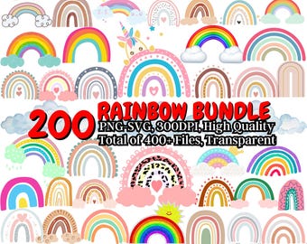 200 Regenbogen, PNG SVG-Bundle-Datei, bunte Boho-Regenbogen-Sammlung, Regenbogen Clipart für Cricut, Grafiken, Laser-Schnitt, Png SVG-Vektorgrafik