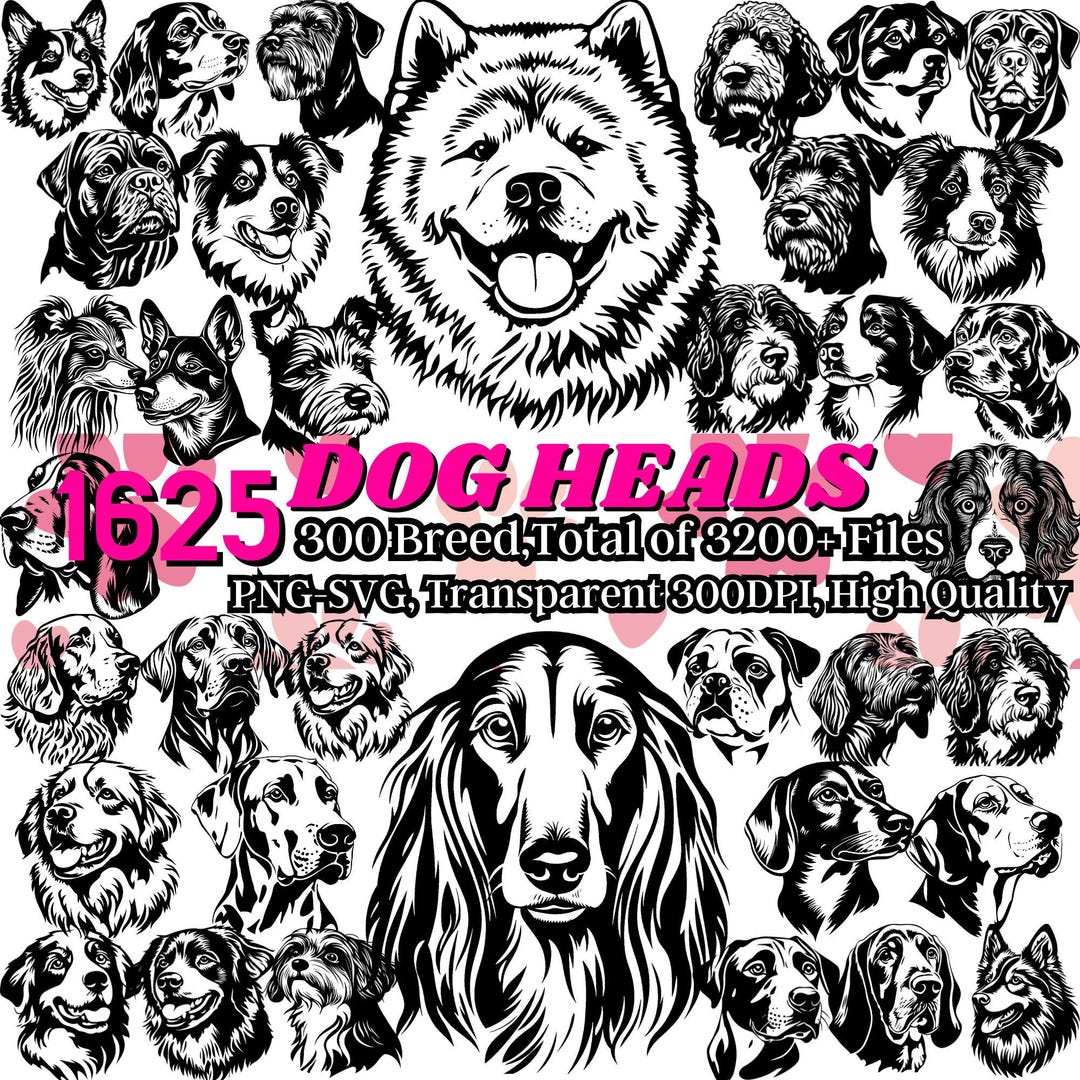 1625 PNG SVG Bundle File, 300 Breeds Collection Dog Heads Clipart, Dog ...